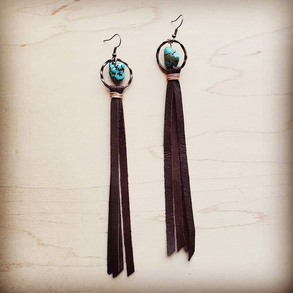 Women's Boho Turquoise Drop Earrings with Leather Tassel