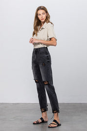 Women's High Waist Distressed Black Mom Fit Ankle Jeans