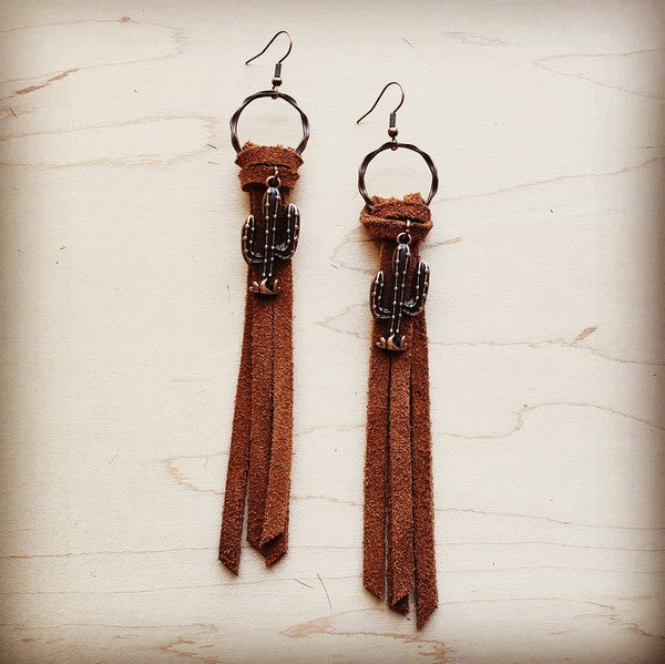 Women's Boho Suede Leather Tassel Earrings with Cactus Charm