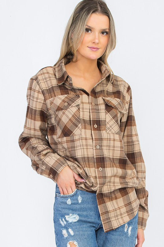 Womens Long Sleeve Checkered Boyfriend Flannel