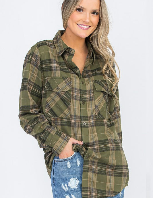 Womens Long Sleeve Checkered Boyfriend Flannel