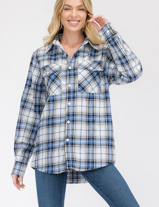 Womens Long Sleeve Checkered Boyfriend Flannel