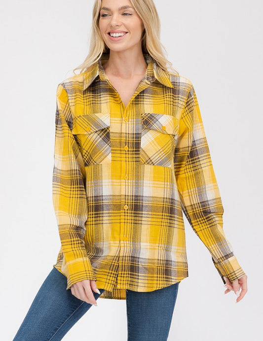 Womens Long Sleeve Checkered Boyfriend Flannel