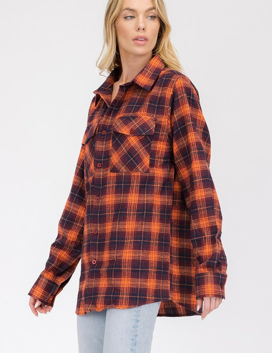 Womens Long Sleeve Checkered Boyfriend Flannel