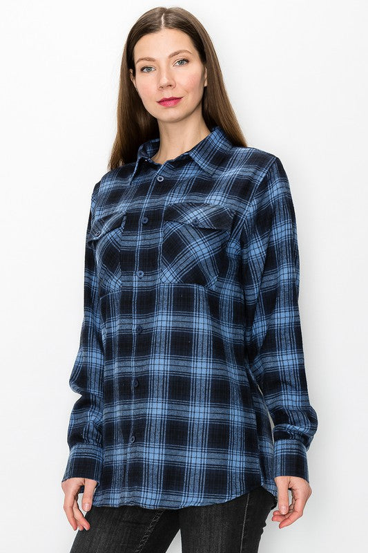 Womens Long Sleeve Checkered Boyfriend Flannel