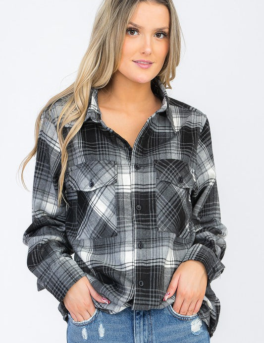 Womens Long Sleeve Checkered Boyfriend Flannel