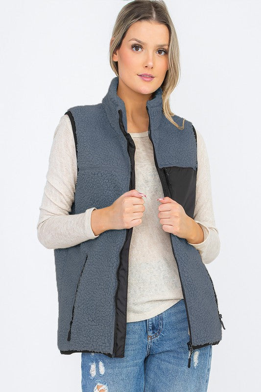 Unisex Sherpa Fleece Vest with Chest Zipper