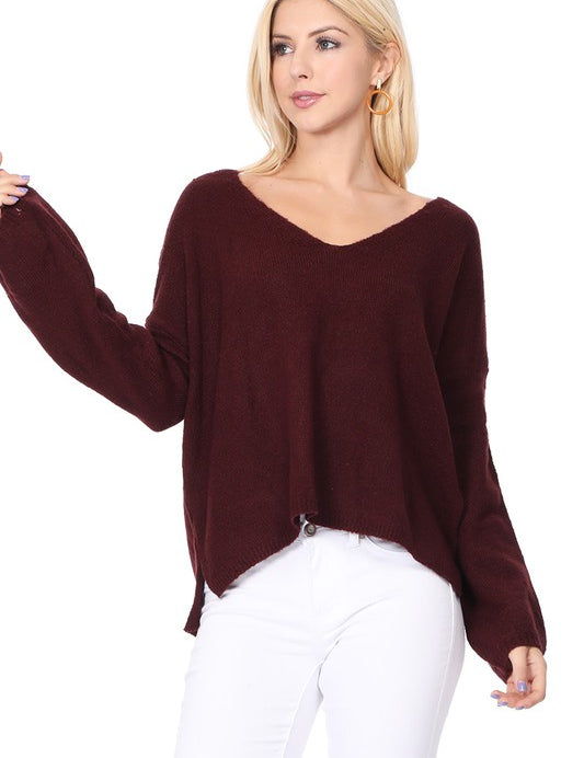 Women's Oversized V Neck Sweater with Side Slit