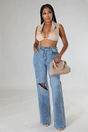 Women's High Rise Wide Leg Stone Wash Jeans