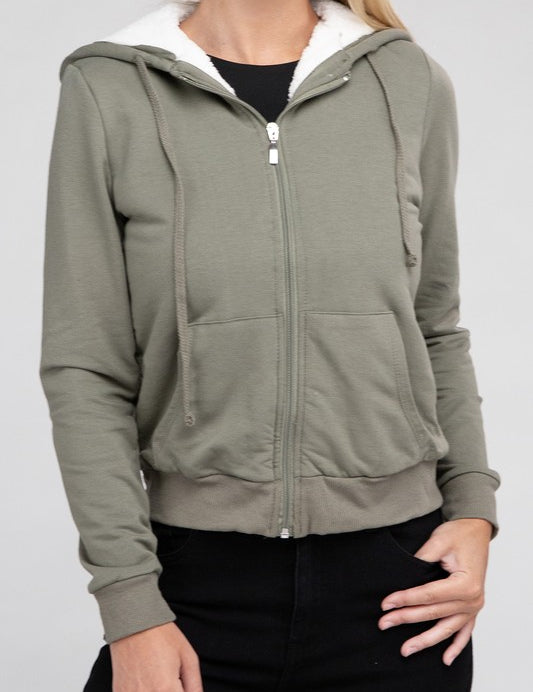 Fuzzy Trim Zip-Up Crop Hoodie