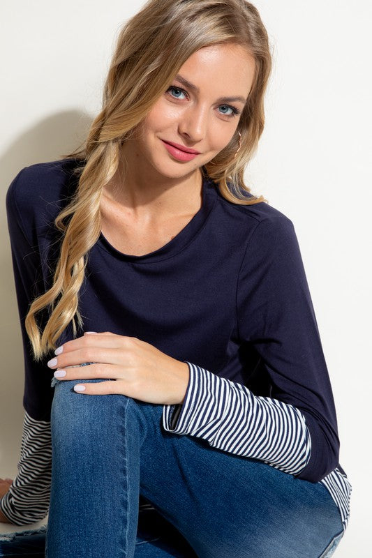 Plus Size Casual Pin Stripe Mixed Long Sleeve Top