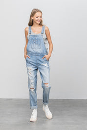 Women's Casual Ripped Denim Overalls with Patch Pockets