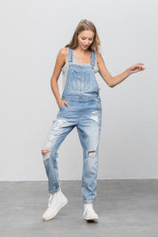 Women's Casual Ripped Denim Overalls with Patch Pockets