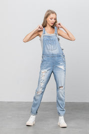 Women's Casual Ripped Denim Overalls with Patch Pockets