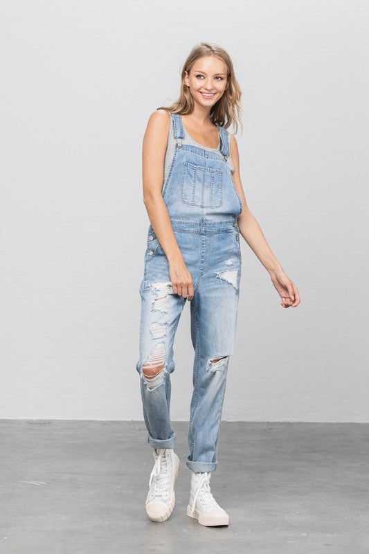 Women's Casual Ripped Denim Overalls with Patch Pockets