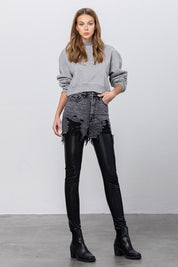 Women's High Rise Leather Combo Ankle Skinny Pants