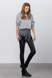 Women's High Rise Leather Combo Ankle Skinny Pants