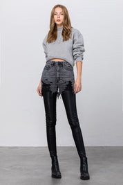 Women's High Rise Leather Combo Ankle Skinny Pants