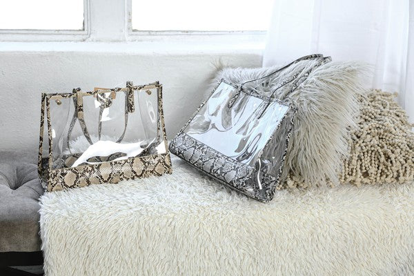 Women's Clear PVC Snake Trim Tote Bag