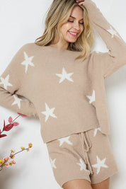 Women's Cozy Star Print Long Sleeve Top and Short Set