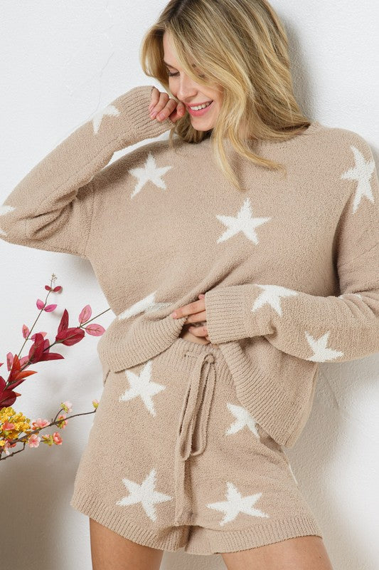 Women's Cozy Star Print Long Sleeve Top and Short Set