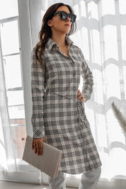 Women's Casual Plaid Midi Dress with Waist Tie