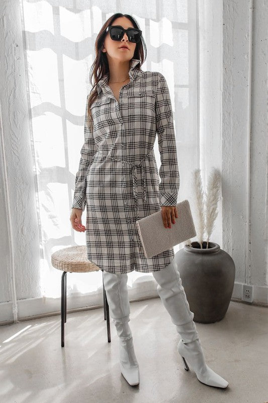 Women's Casual Plaid Midi Dress with Waist Tie