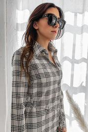 Women's Casual Plaid Midi Dress with Waist Tie