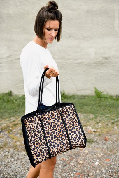 Women's Leopard Neoprene Tote Bag with Wristlet