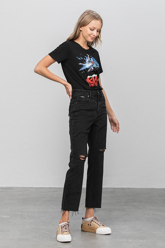 Women's High Rise Straight Black Denim Jeans