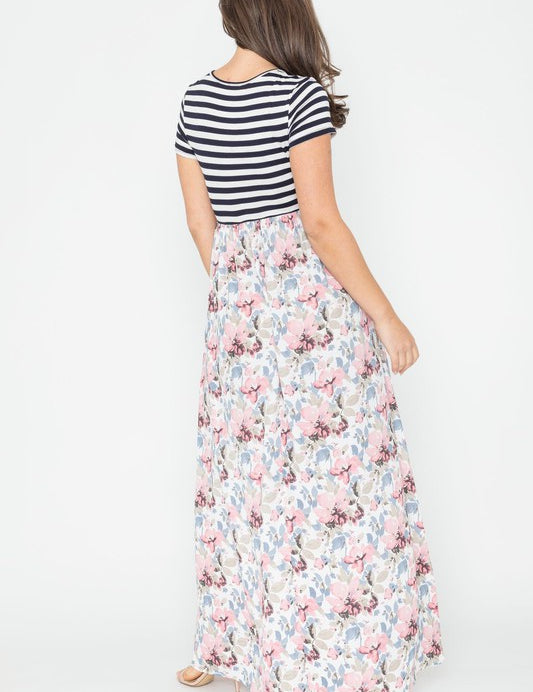 Stripe Summer Floral Maxi Dress