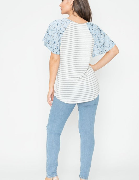 Women's V Neck Stripe Floral Sleeve Tunic