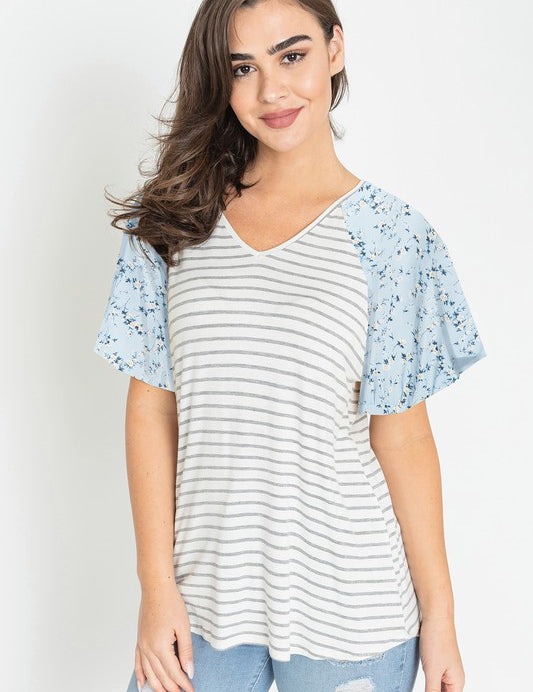 Women's V Neck Stripe Floral Sleeve Tunic