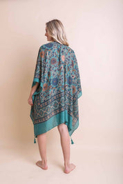 Women's Leaf Print Kimono Sleeve Tassel Kimono