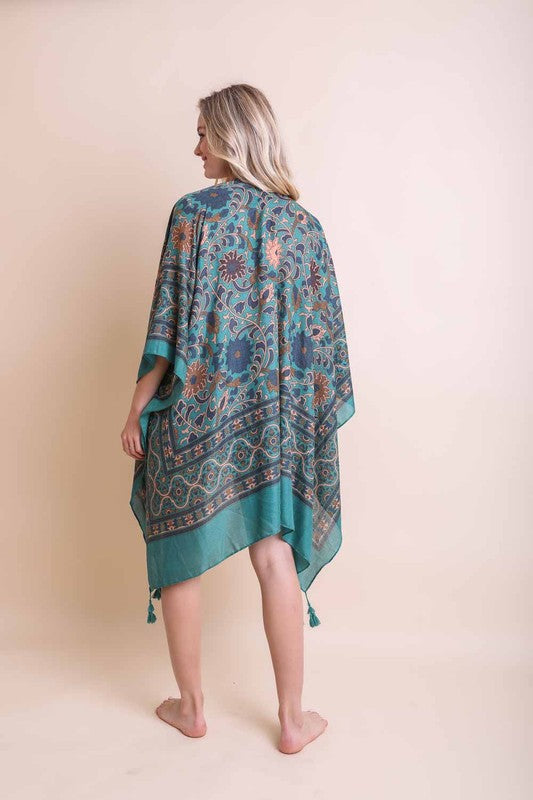 Women's Leaf Print Kimono Sleeve Tassel Kimono