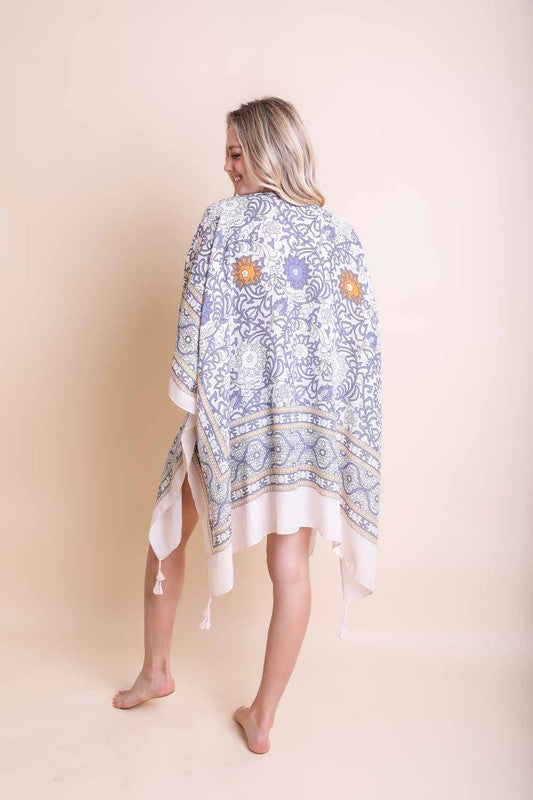 Women's Leaf Print Kimono Sleeve Tassel Kimono