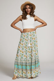 Women's Elastic Waist Printed Maxi Skirt with Tassel Detail