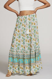 Women's Elastic Waist Printed Maxi Skirt with Tassel Detail