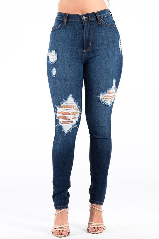 Women's High Rise Ripped Skinny Jeans in Dark Wash