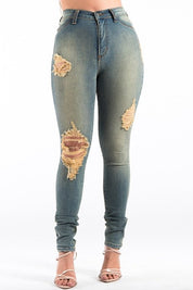 Women's High Rise Ripped Skinny Jeans in Sand