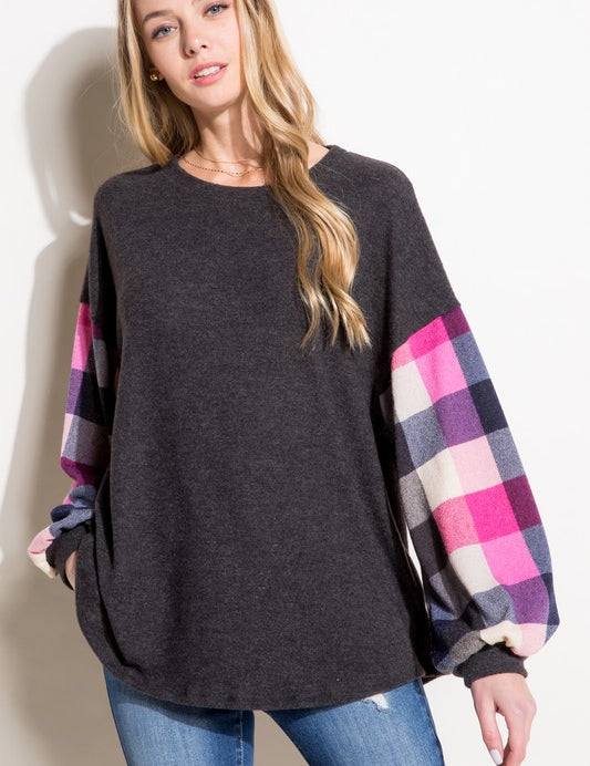 Plus Size Casual Multi Plaid Mixed Long Sleeve Top