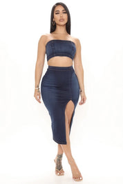 Women's High Rise Denim Skirt Set with Slit