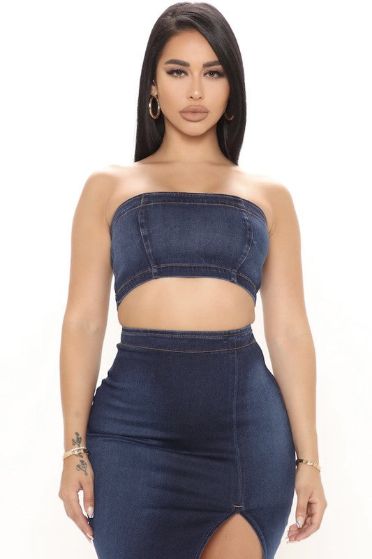 Women's High Rise Denim Skirt Set with Slit