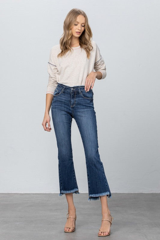 FRAY WAISTBAND DETAIL CROP BOOT CUT JEANS