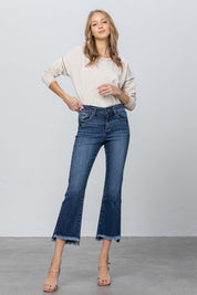 FRAY WAISTBAND DETAIL CROP BOOT CUT JEANS