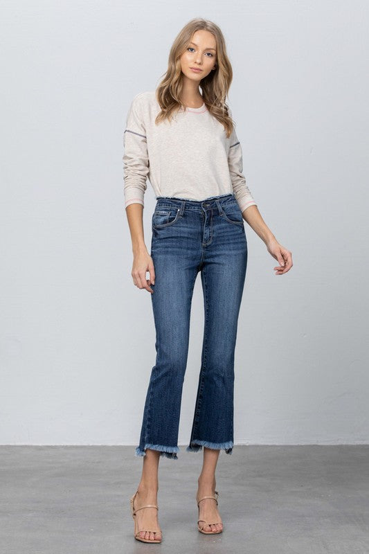 FRAY WAISTBAND DETAIL CROP BOOT CUT JEANS