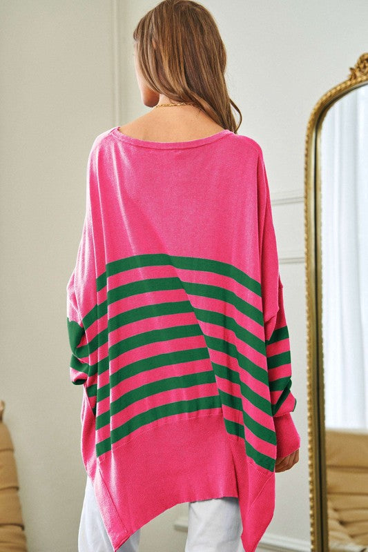 Women's Loose Fit Multi-Striped Elbow Patch Sweater Top