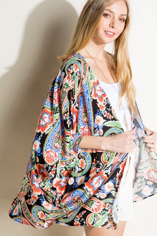 Women's Loose Fit Paisley Woven Kimono Cardigan