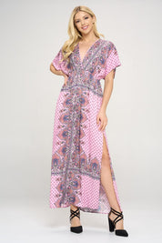 Women's Casual Floral Surplice Maxi Dress with Side Slit