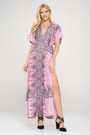 Women's Casual Floral Surplice Maxi Dress with Side Slit